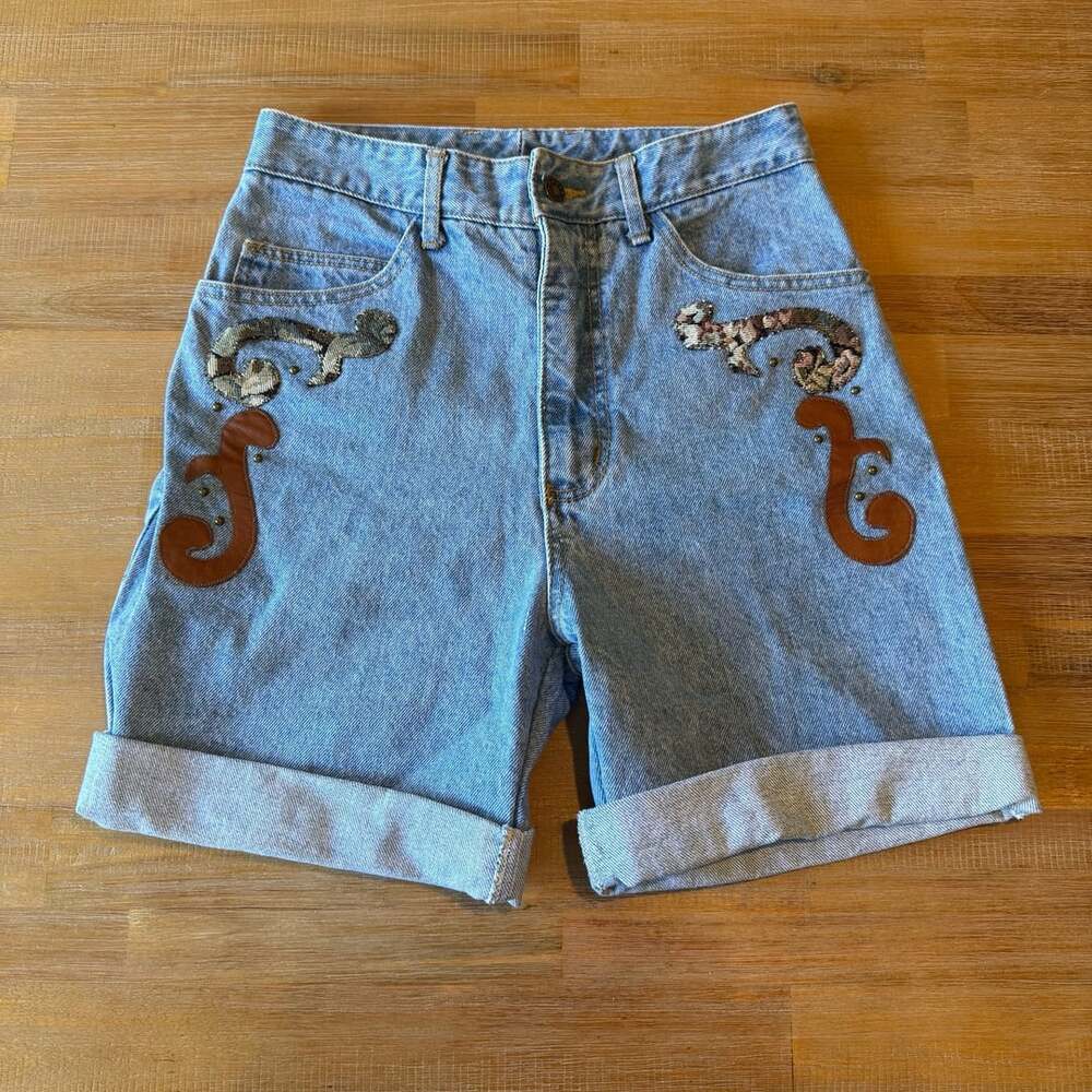 Vintage Denim Shorts Embroidered Beaded Applique  Size W 10